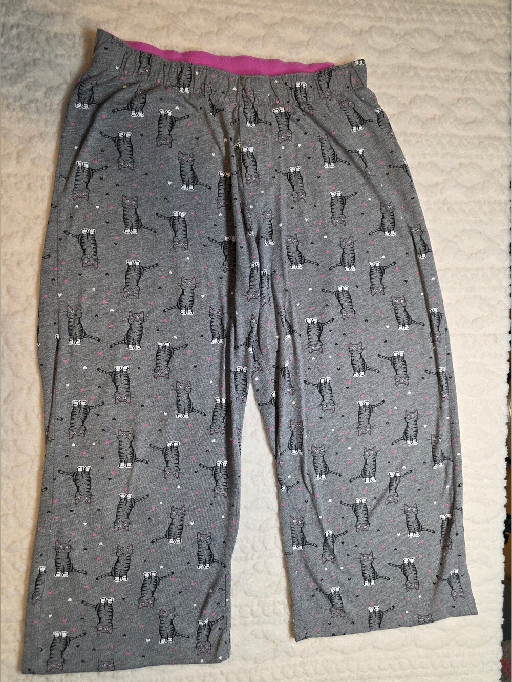 Hue SleepWell Cat Print Pajama Capri Pants Gray Pink Size M
